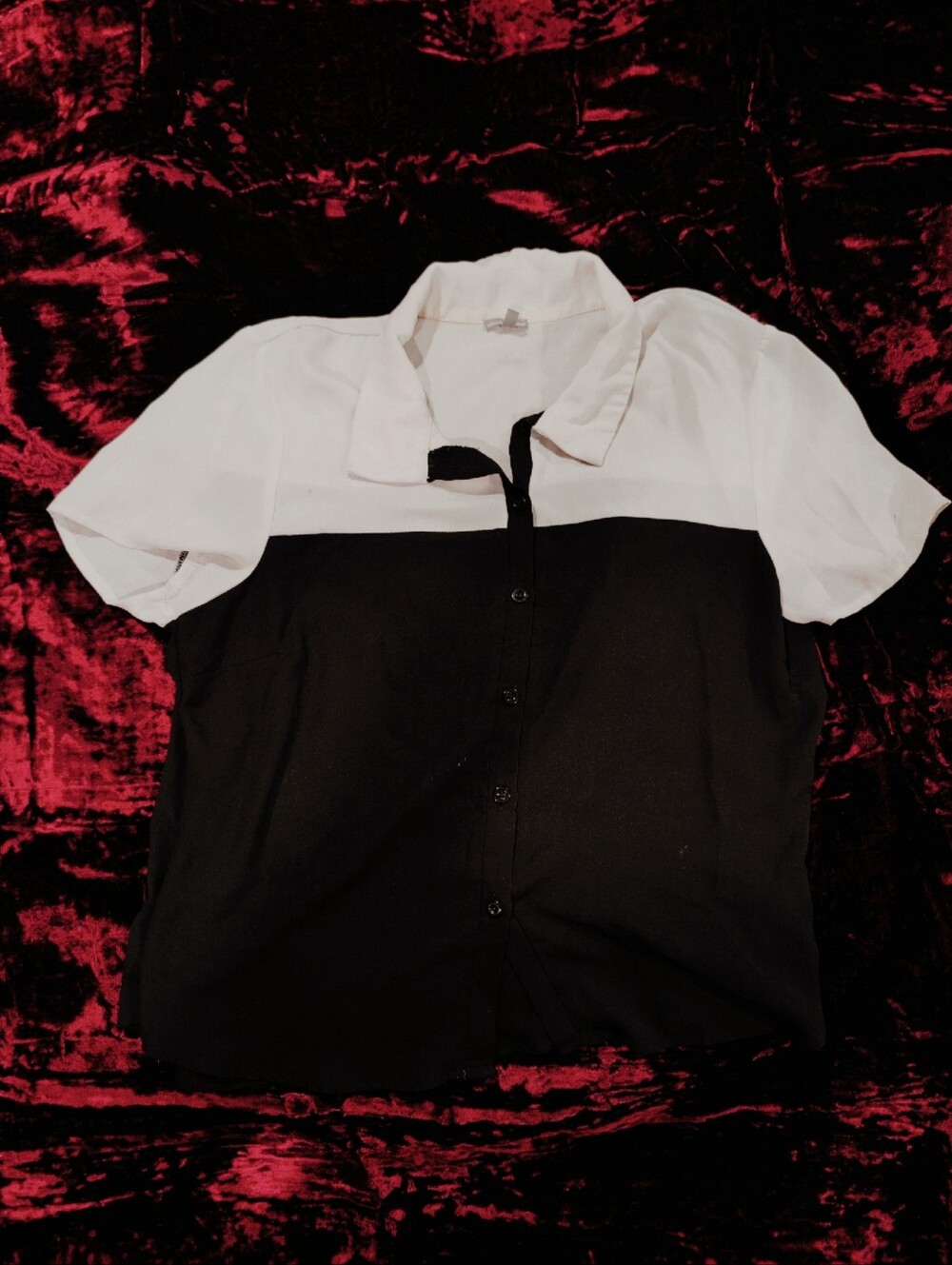 Charlotte Ruesse Hipster Chiffon Button Up Women's Two Toned White Black Top